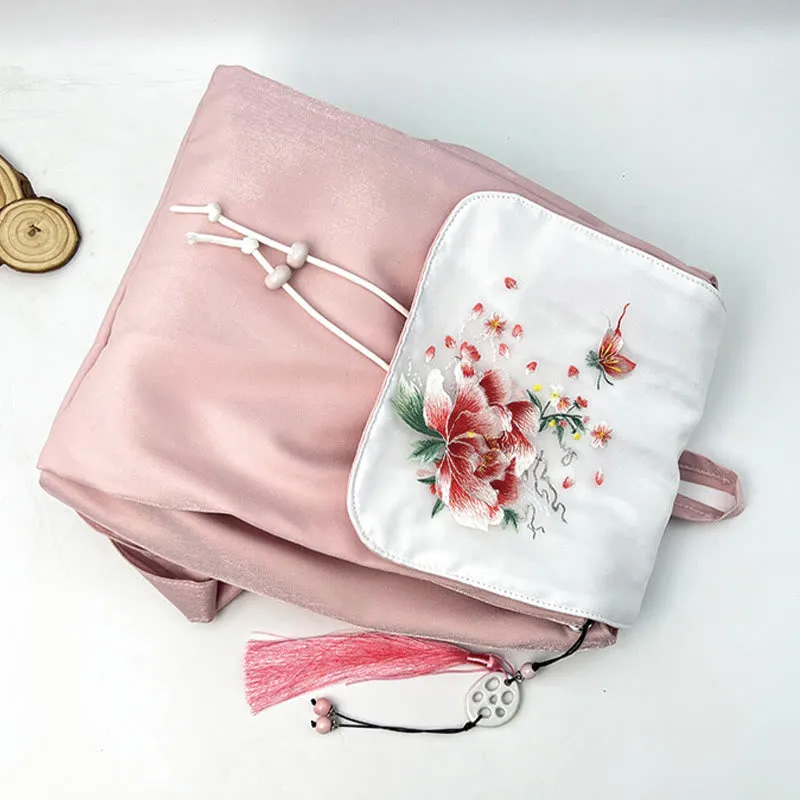 Buddha Stones Handmade Pink Peony Flowers Embroidered Large Capacity Canvas Backpack