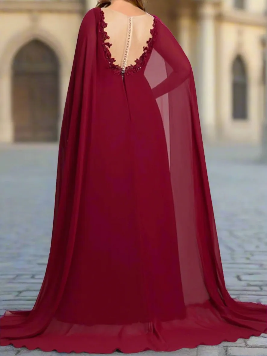 Burgundy Chiffon Long Mother of The Bride Dress with Cape