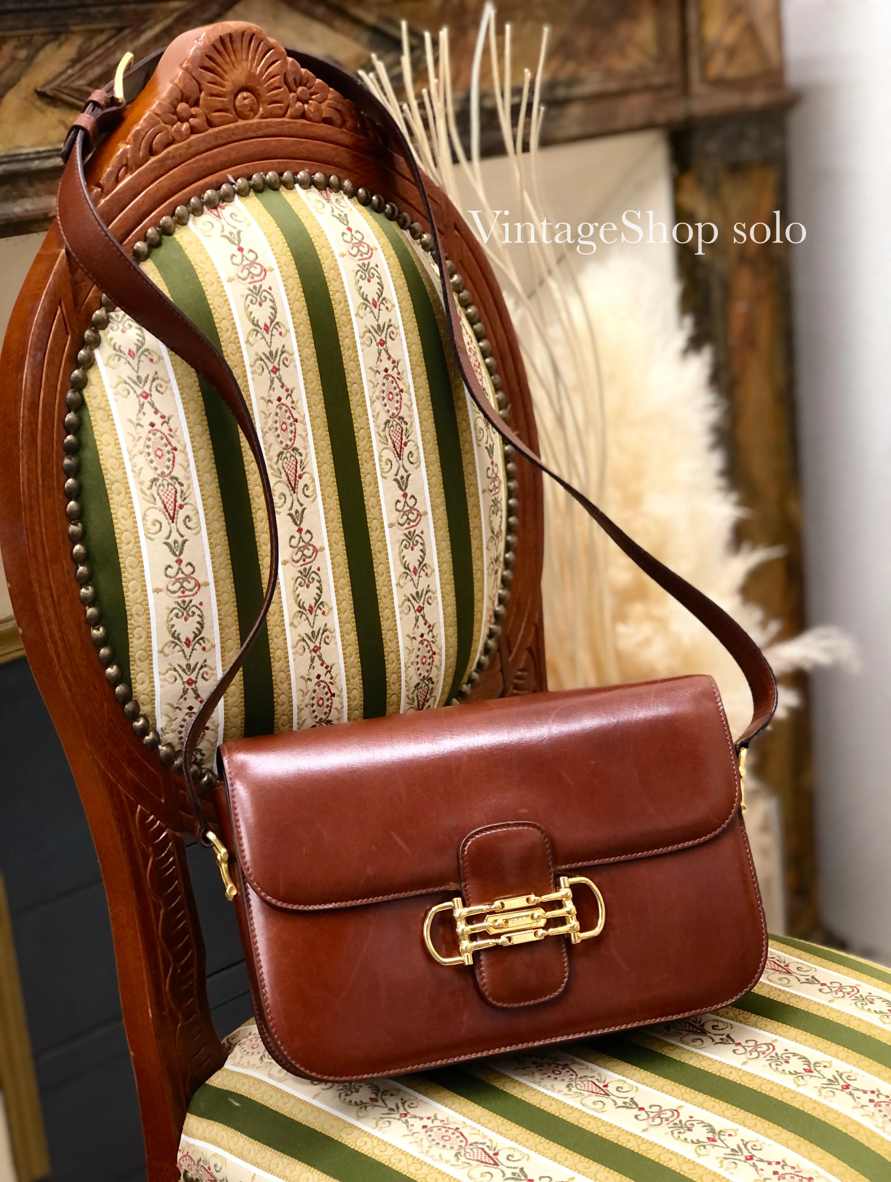 CELINE Three Horsebit Crossbody Shoulder bag Brown Vintage Old Celine jjcdny