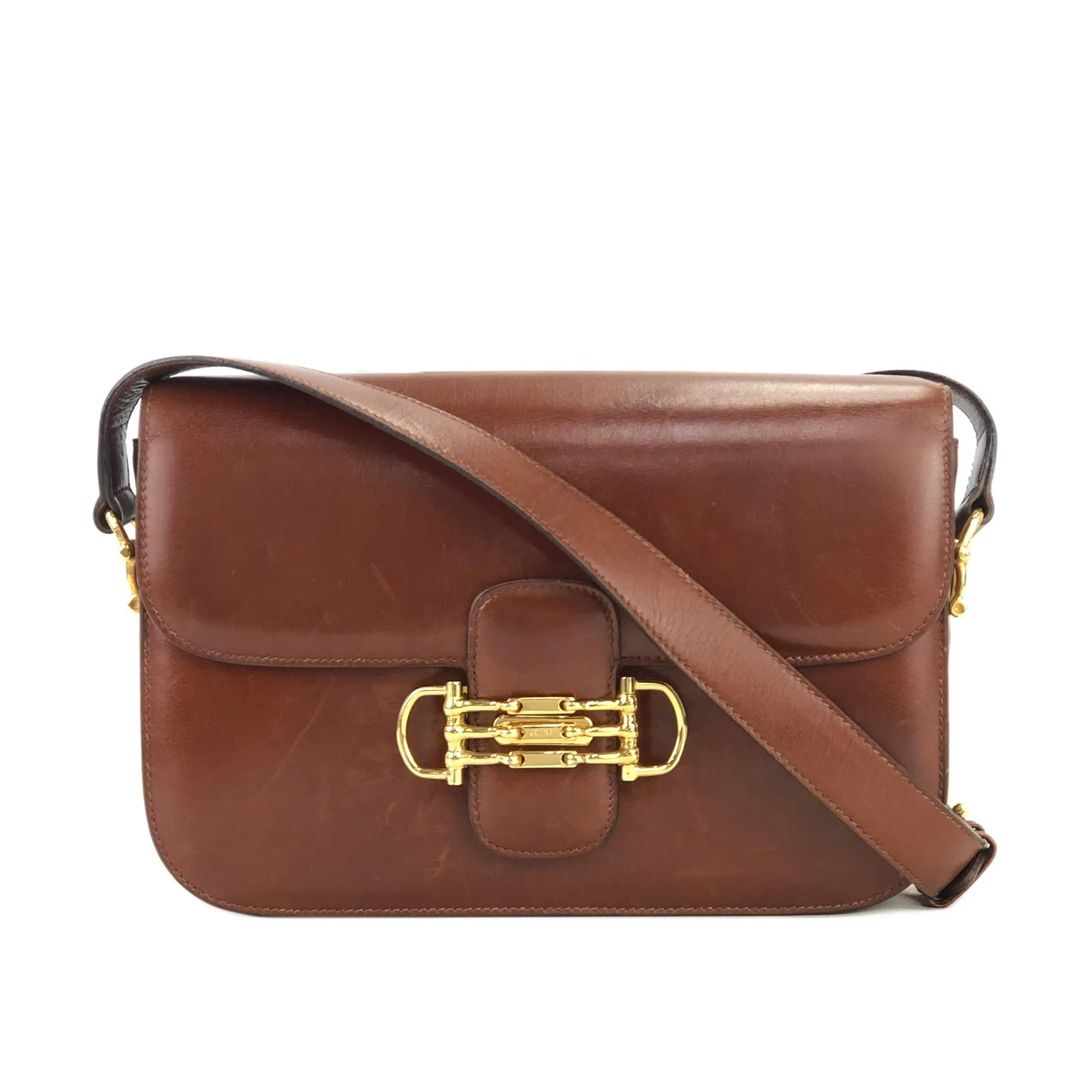 CELINE Three Horsebit Crossbody Shoulder bag Brown Vintage Old Celine jjcdny