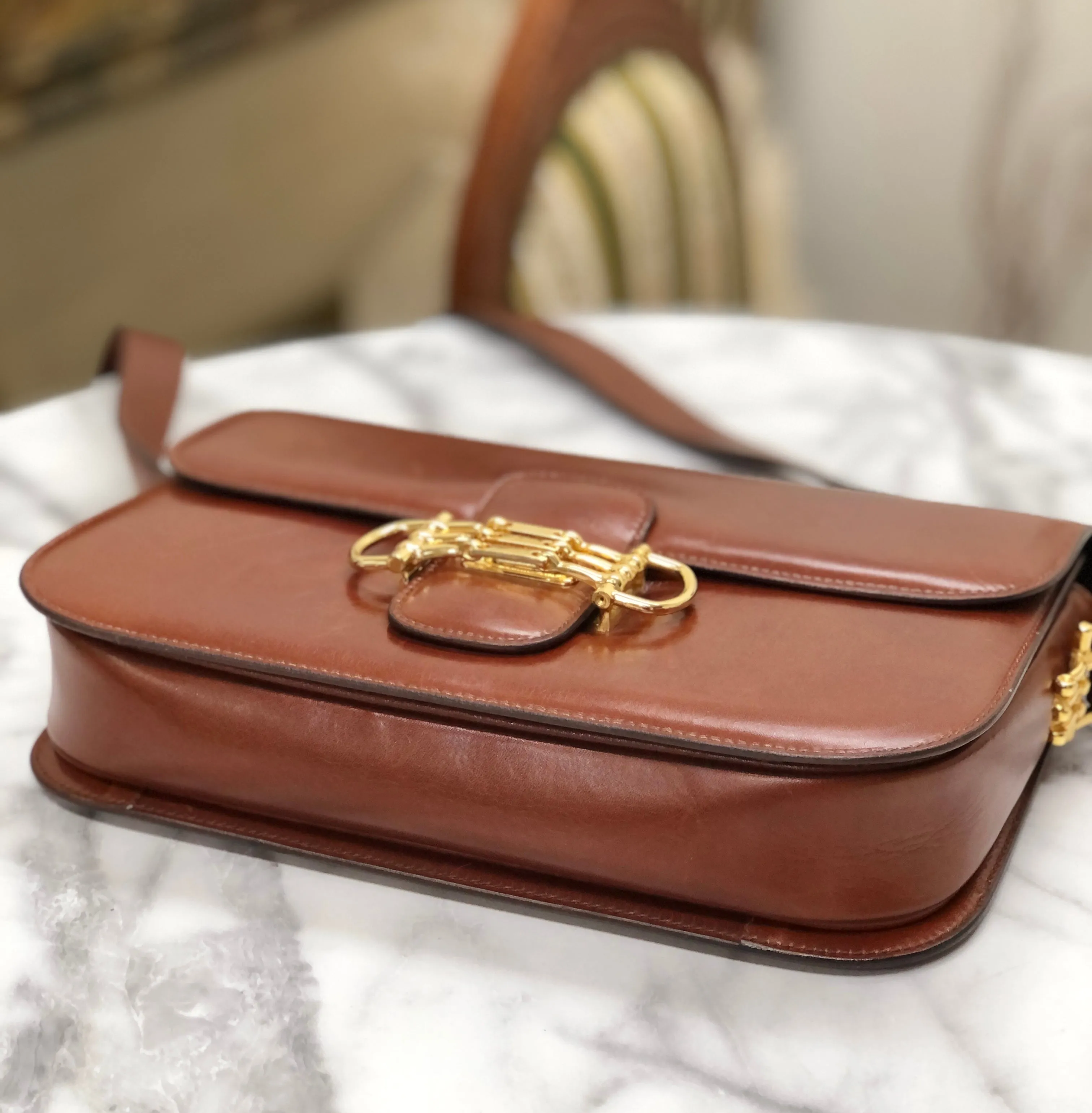 CELINE Three Horsebit Crossbody Shoulder bag Brown Vintage Old Celine jjcdny
