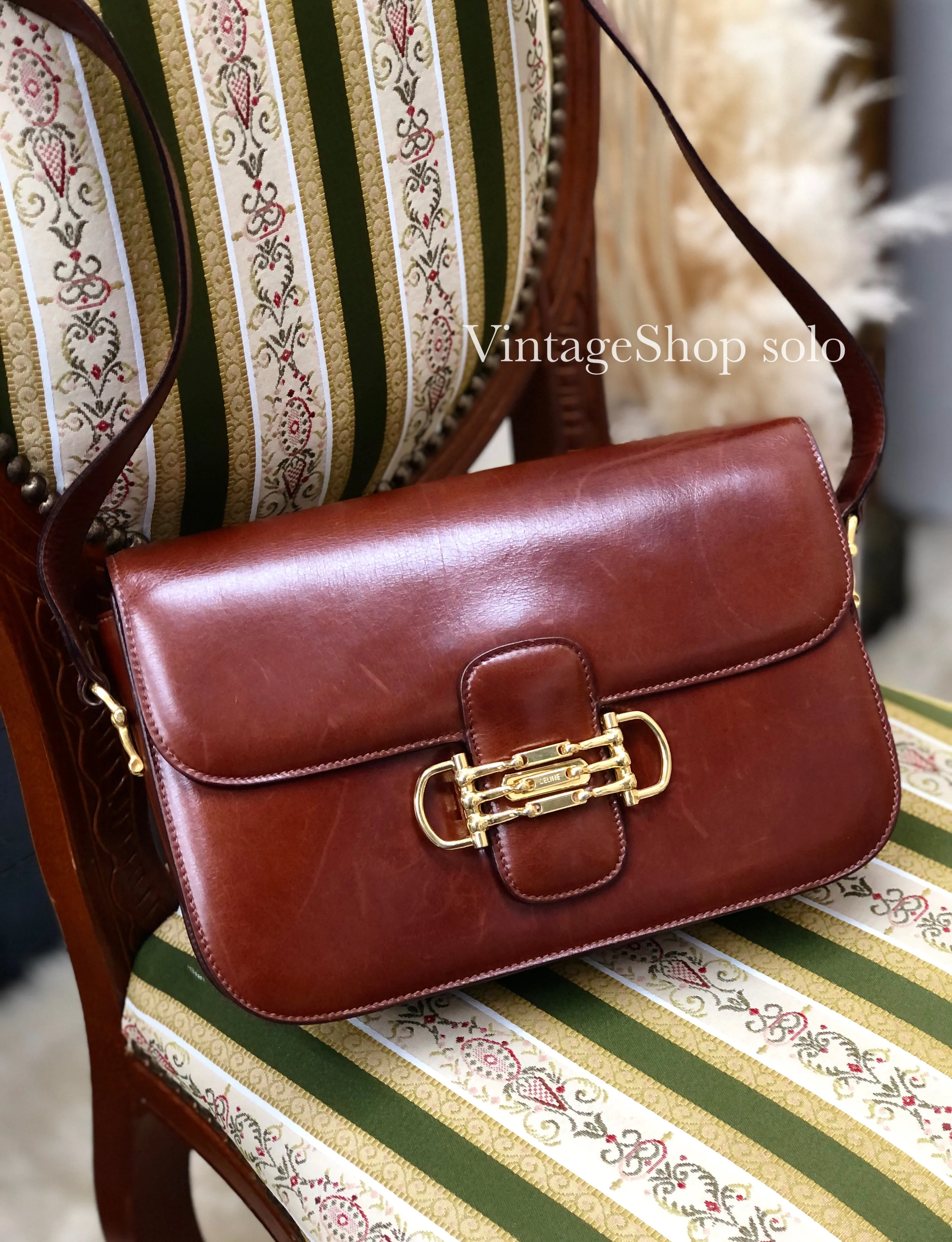CELINE Three Horsebit Crossbody Shoulder bag Brown Vintage Old Celine jjcdny
