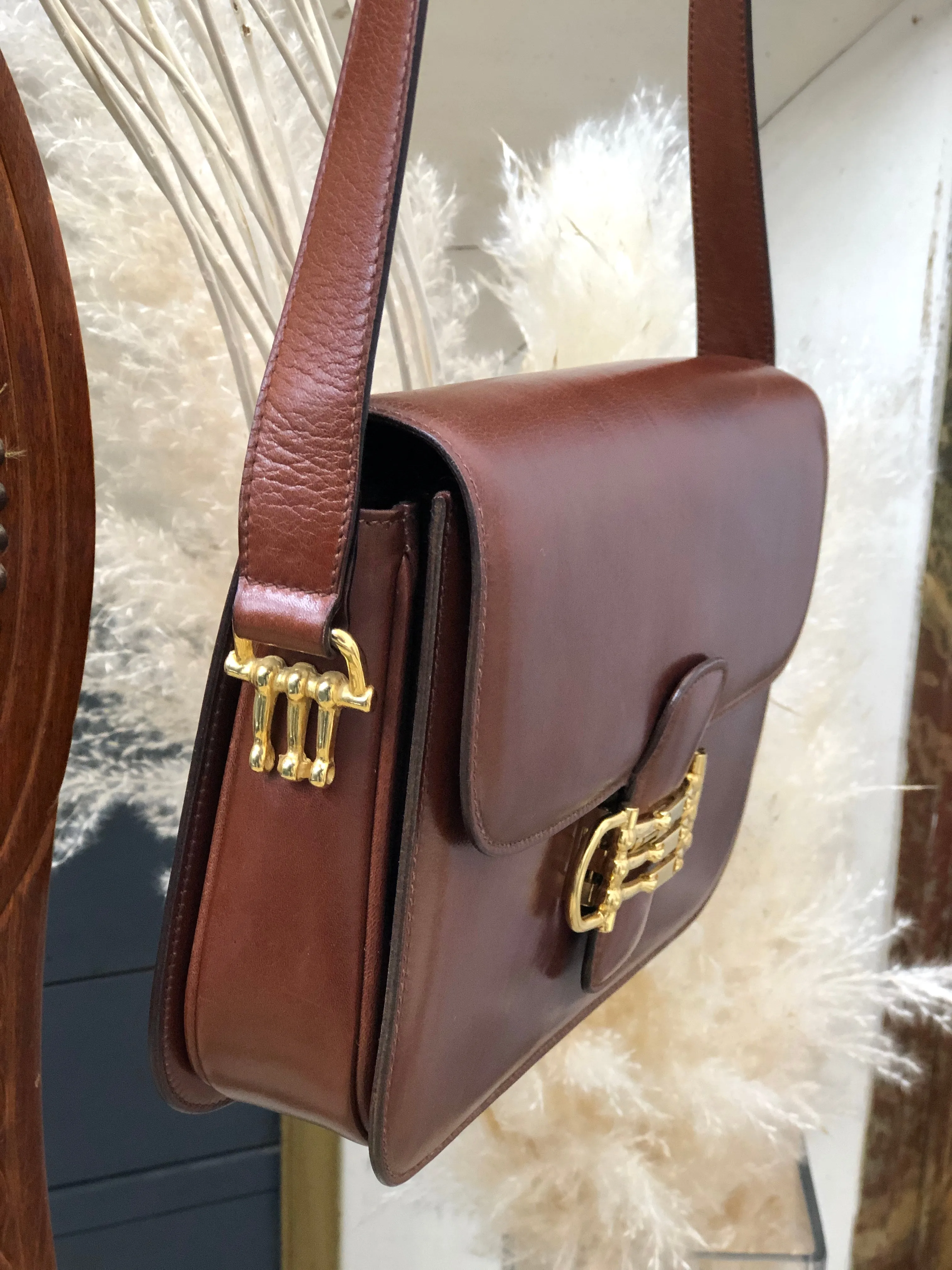 CELINE Three Horsebit Crossbody Shoulder bag Brown Vintage Old Celine jjcdny