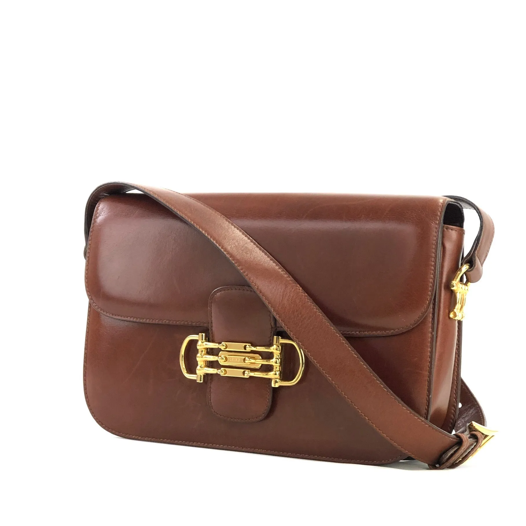 CELINE Three Horsebit Crossbody Shoulder bag Brown Vintage Old Celine jjcdny