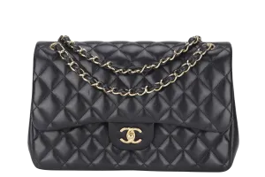 CHANEL CLASSIC DOUBLE FLAP JUMBO BLACK LAMBSKIN LEATHER GHW (1685xxxx) WITH CARD AND DUST COVER