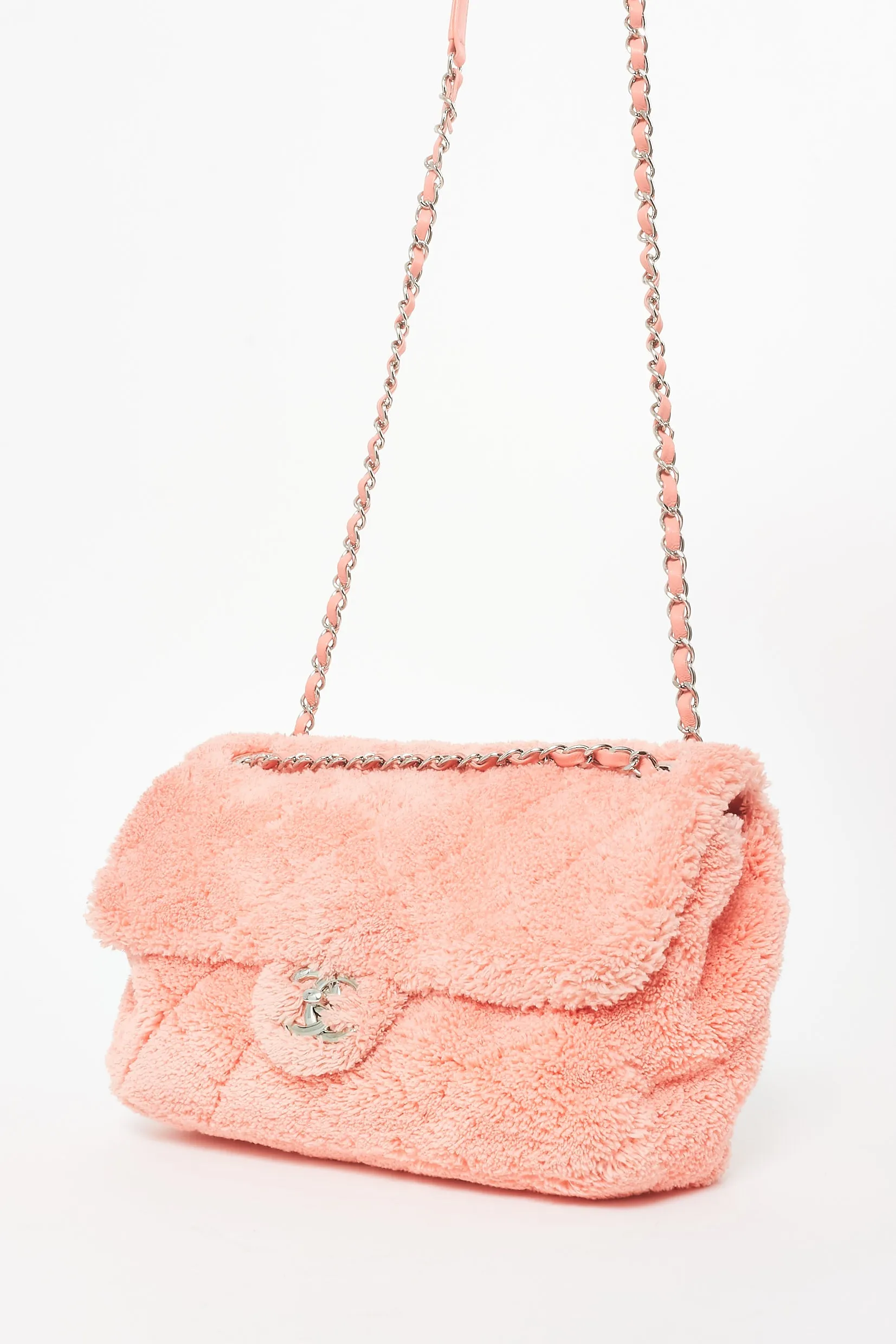 Chanel Pink Terry Cloth Shearling Single Flap Bag