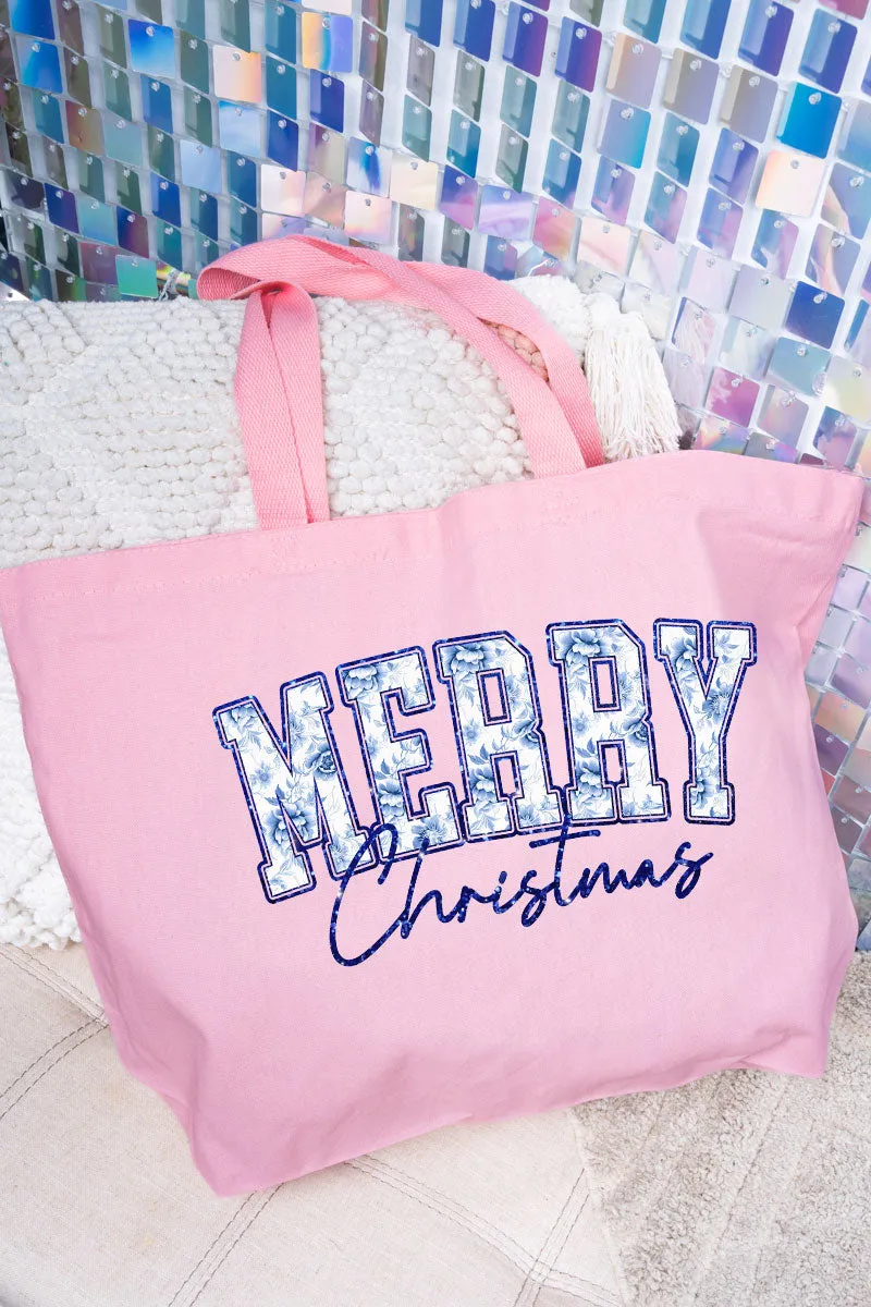 Chinoiserie Blue Merry Christmas Canvas Jumbo Tote