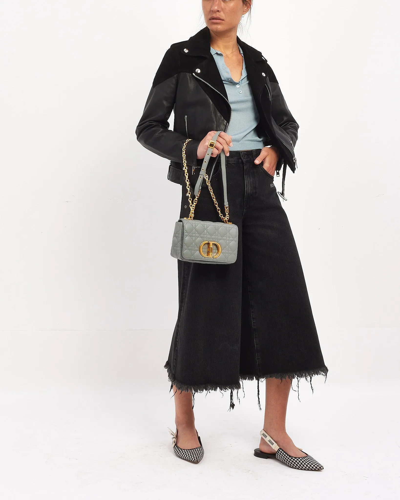 Dior Grey (Stone) Leather Small Caro Bag with Gold Hardware