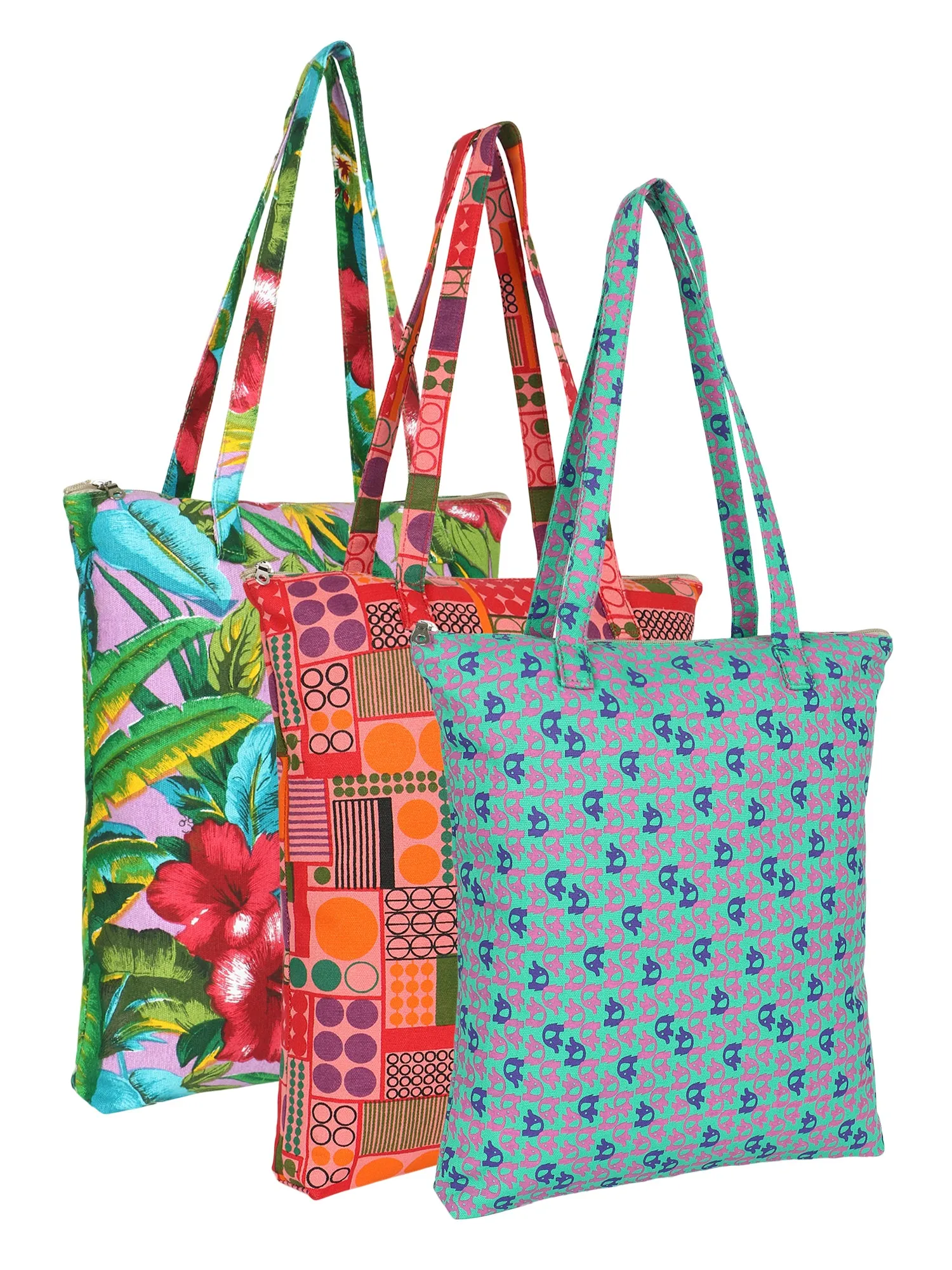 Eco-Friendly Multicolor Printed Cotton Canvas Shopping Bags (Pack of 3)