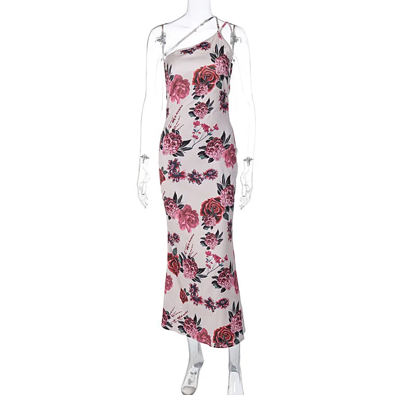 European and American Style Foreign Trade Women's Clothing2023Summer New Style Crossbody Fashionable Printed Strap Backless Elegant Dress