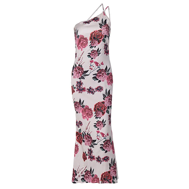 European and American Style Foreign Trade Women's Clothing2023Summer New Style Crossbody Fashionable Printed Strap Backless Elegant Dress