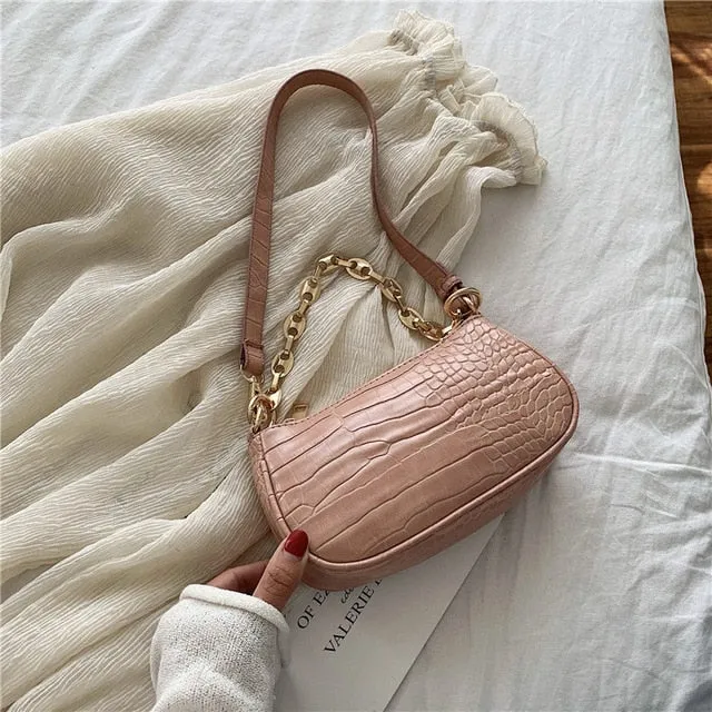 Fashion Crocodile Pattern Baguette bags MINI PU Leather Shoulder Bags For Women Chain Designer Luxury Handbag Female Travel tote