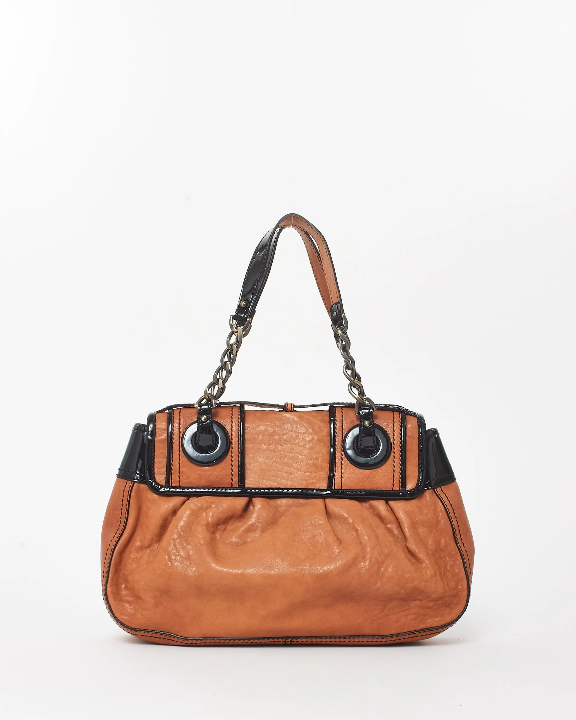 Fendi Vintage Brown Leather & Black Patent Leather Buckle B Bag Shoulder Bag