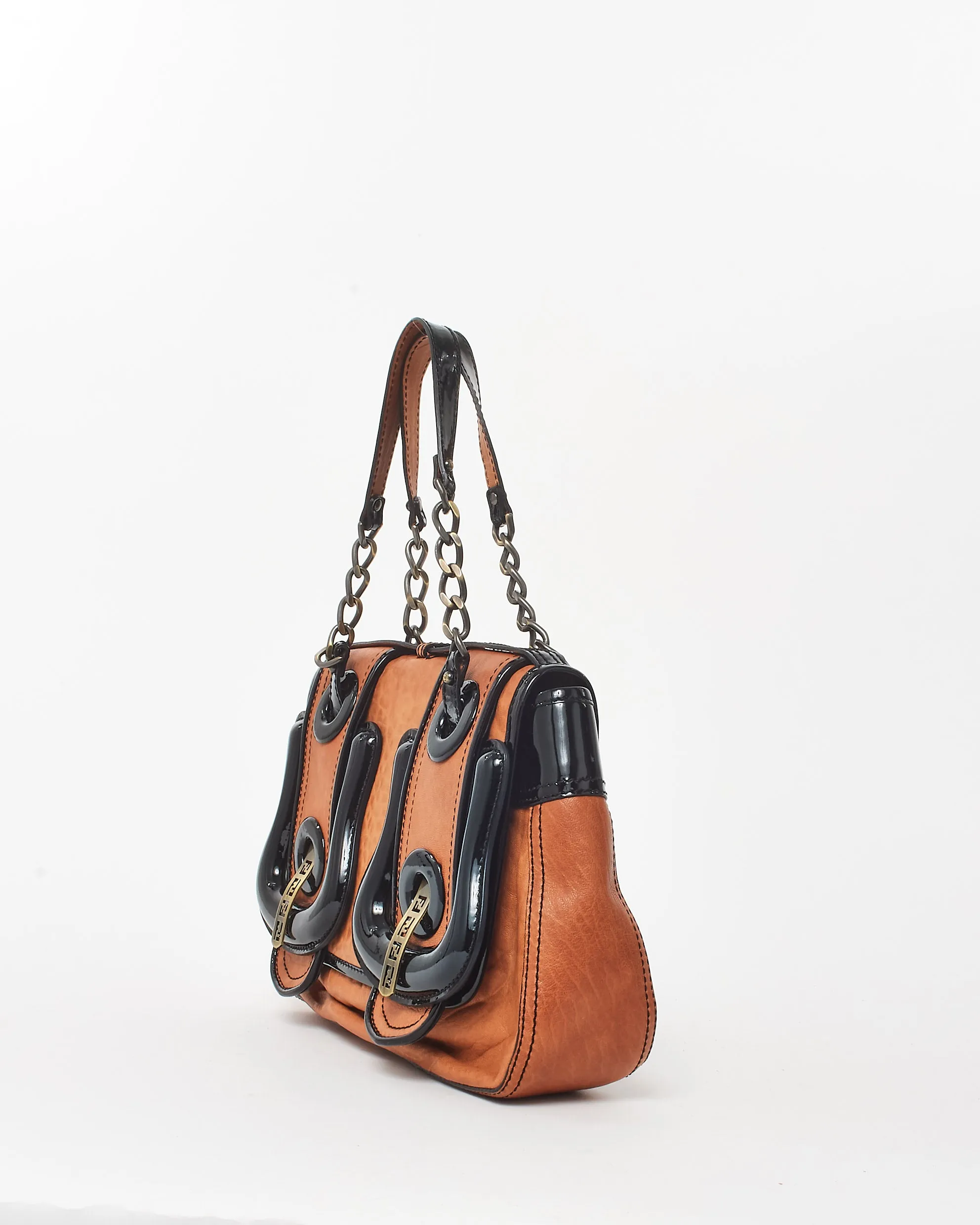 Fendi Vintage Brown Leather & Black Patent Leather Buckle B Bag Shoulder Bag
