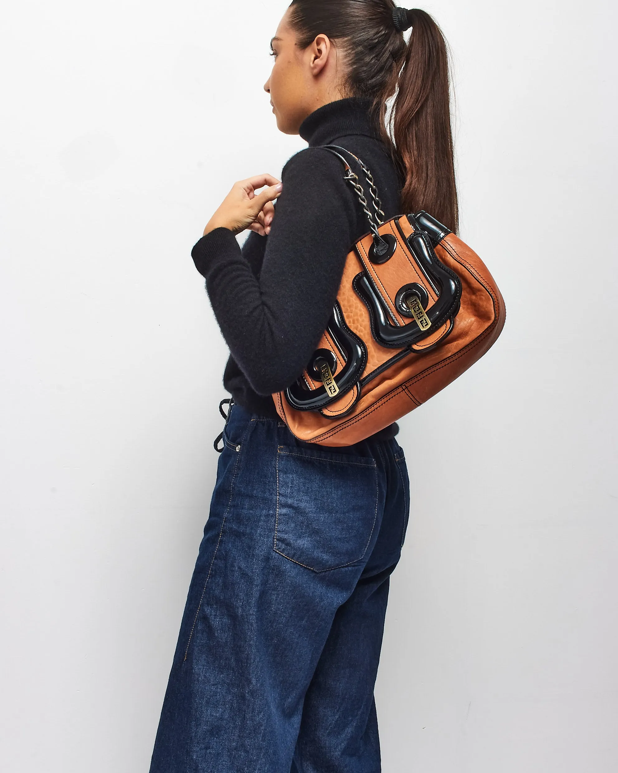 Fendi Vintage Brown Leather & Black Patent Leather Buckle B Bag Shoulder Bag