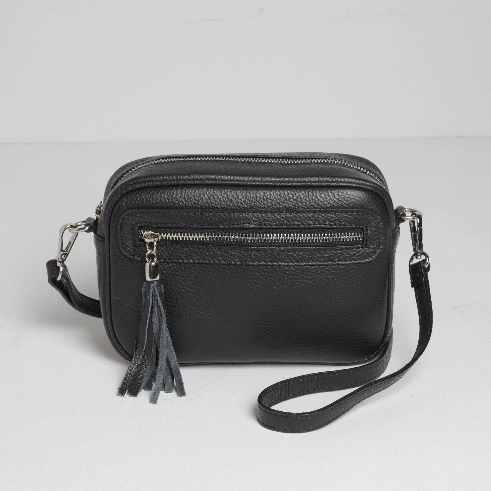 Florence Crossbody Bag in Black with Black and White Leopard Print Strap