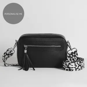 Florence Crossbody Bag in Black with Black and White Leopard Print Strap