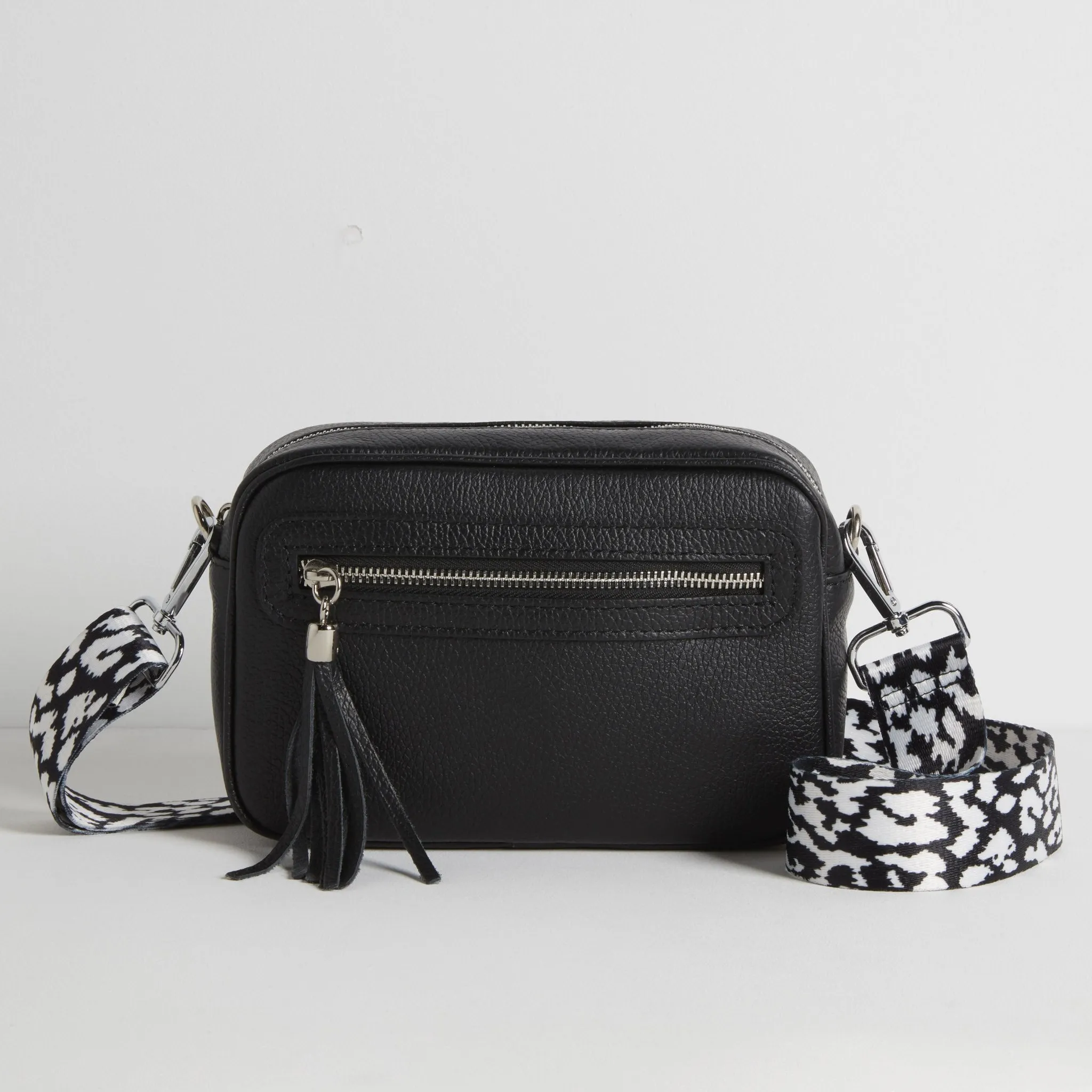 Florence Crossbody Bag in Black with Black and White Leopard Print Strap