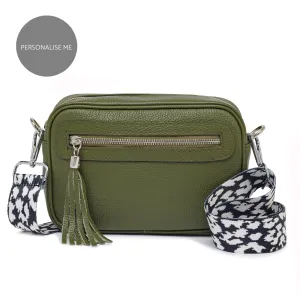 Florence - Crossbody Bag in Olive with Black and White Leopard Strap