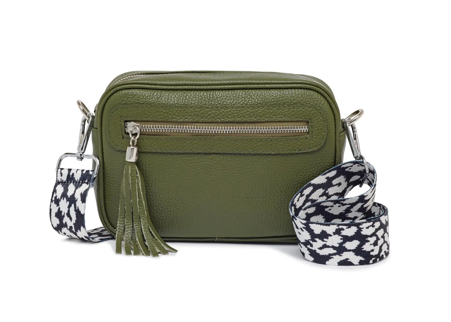Florence - Crossbody Bag in Olive with Black and White Leopard Strap