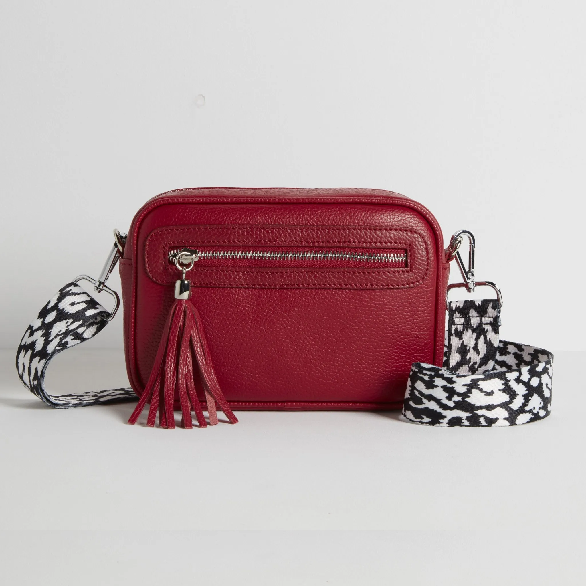 Florence Crossbody Bag in Red with Black and White Leopard Strap