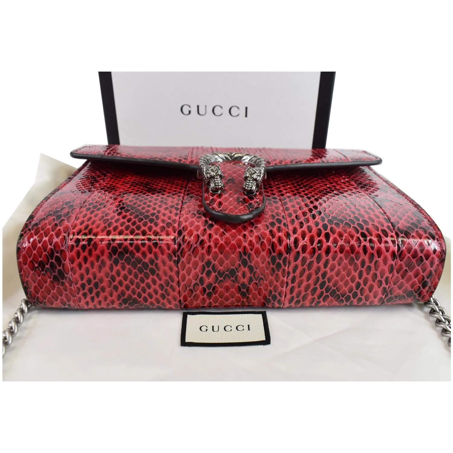 GUCCI Dionysus Mini Python Leather Crossbody Chain Wallet Red 401231