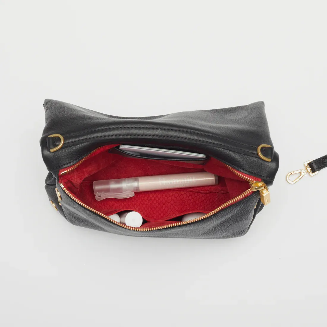 Hammitt VIP Medium Black/Brushed Gold Red Zip Leather Crossbody Clutch