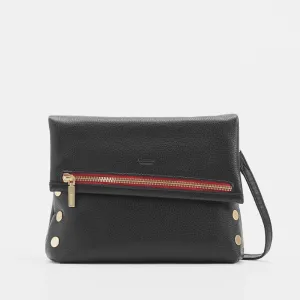 Hammitt VIP Medium Black/Brushed Gold Red Zip Leather Crossbody Clutch