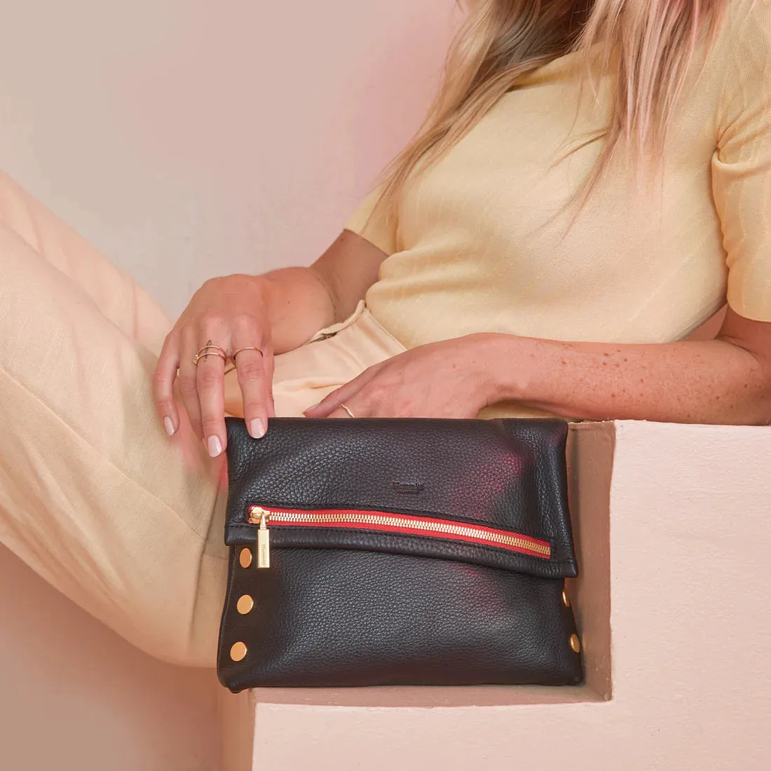 Hammitt VIP Medium Black/Brushed Gold Red Zip Leather Crossbody Clutch