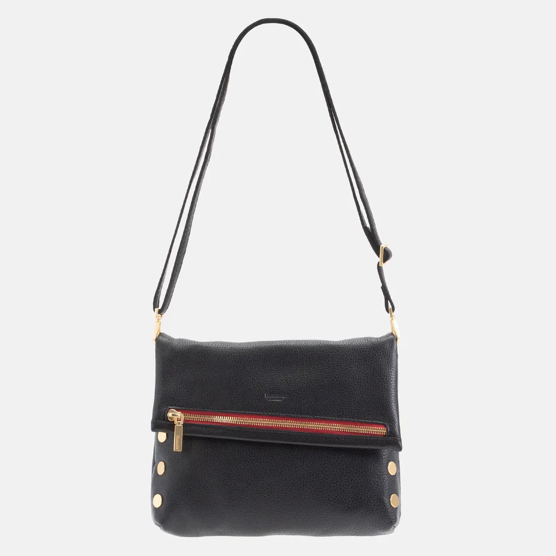 Hammitt VIP Medium Black/Brushed Gold Red Zip Leather Crossbody Clutch