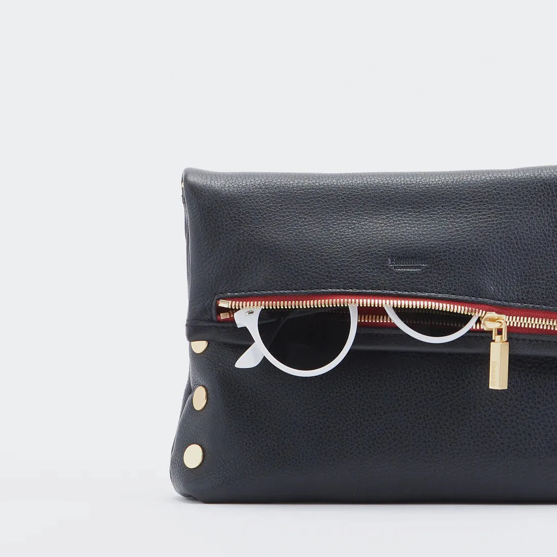 Hammitt VIP Medium Black/Brushed Gold Red Zip Leather Crossbody Clutch