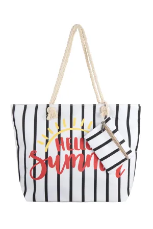 HELLO SUMMER STRIPED TOTE BAG WITH MATCHING WALLET
