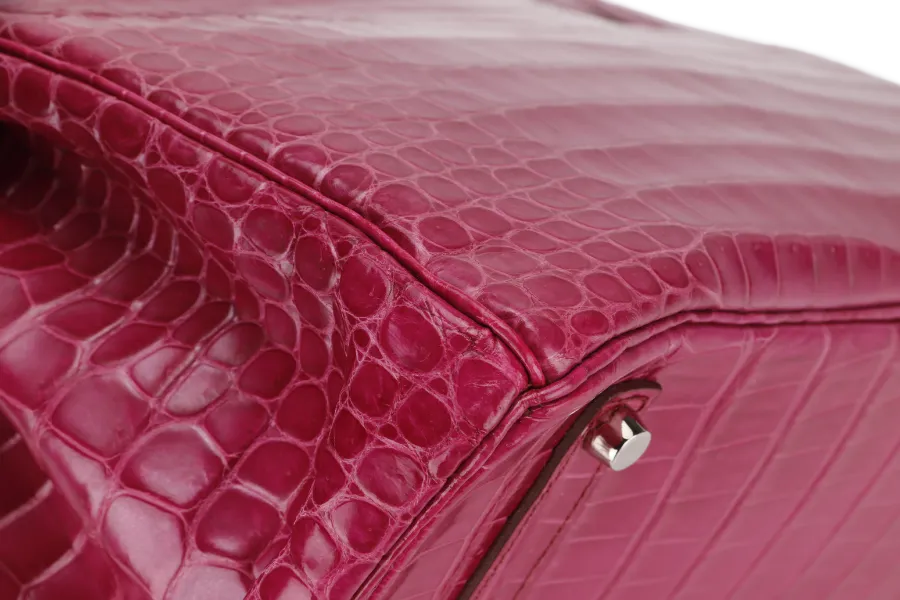 HERMES BIRKIN 35 (STAMP N) ROSE SCHEHERAZADE POROSUS CROC SKIN SILVER HARDWARE WITH KEYS&LOCK, RAINCOAT, DUST COVER & BOX