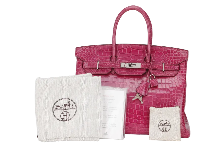 HERMES BIRKIN 35 (STAMP N) ROSE SCHEHERAZADE POROSUS CROC SKIN SILVER HARDWARE WITH KEYS&LOCK, RAINCOAT, DUST COVER & BOX