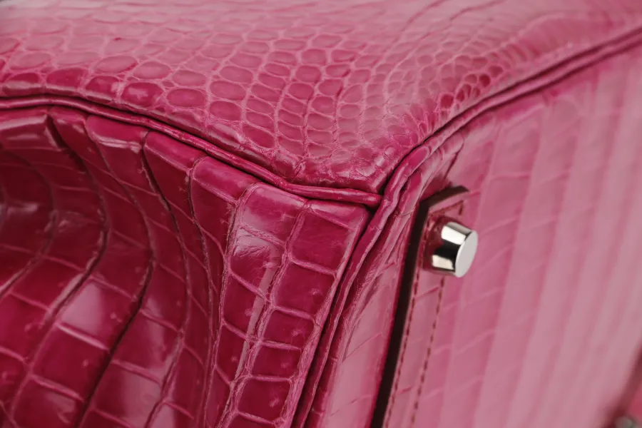 HERMES BIRKIN 35 (STAMP N) ROSE SCHEHERAZADE POROSUS CROC SKIN SILVER HARDWARE WITH KEYS&LOCK, RAINCOAT, DUST COVER & BOX