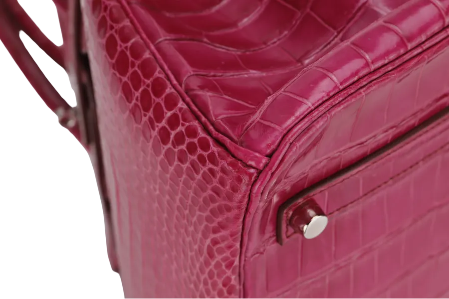 HERMES BIRKIN 35 (STAMP N) ROSE SCHEHERAZADE POROSUS CROC SKIN SILVER HARDWARE WITH KEYS&LOCK, RAINCOAT, DUST COVER & BOX
