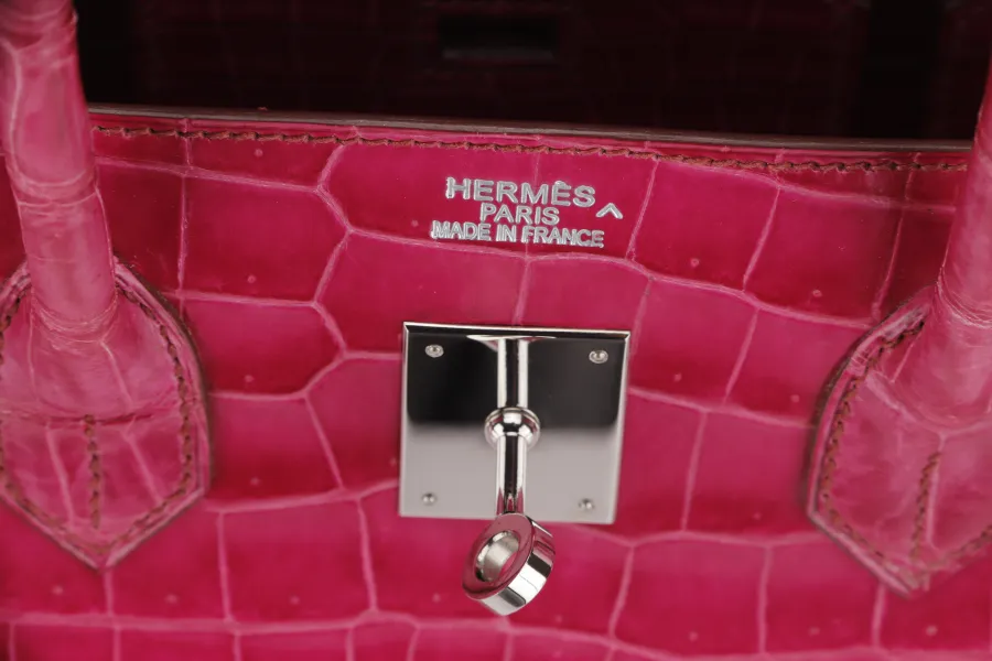 HERMES BIRKIN 35 (STAMP N) ROSE SCHEHERAZADE POROSUS CROC SKIN SILVER HARDWARE WITH KEYS&LOCK, RAINCOAT, DUST COVER & BOX