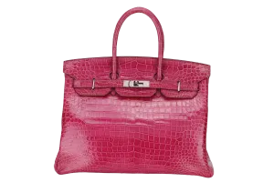 HERMES BIRKIN 35 (STAMP N) ROSE SCHEHERAZADE POROSUS CROC SKIN SILVER HARDWARE WITH KEYS&LOCK, RAINCOAT, DUST COVER & BOX