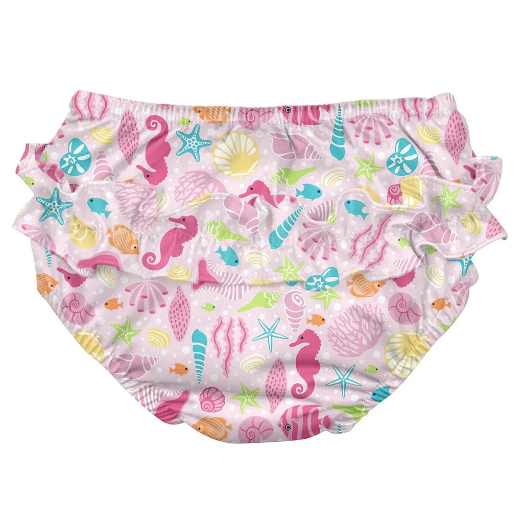 I Play Ruffle Snap Reusable Absorbent Swimsuit Diaper - Pink Sea Life