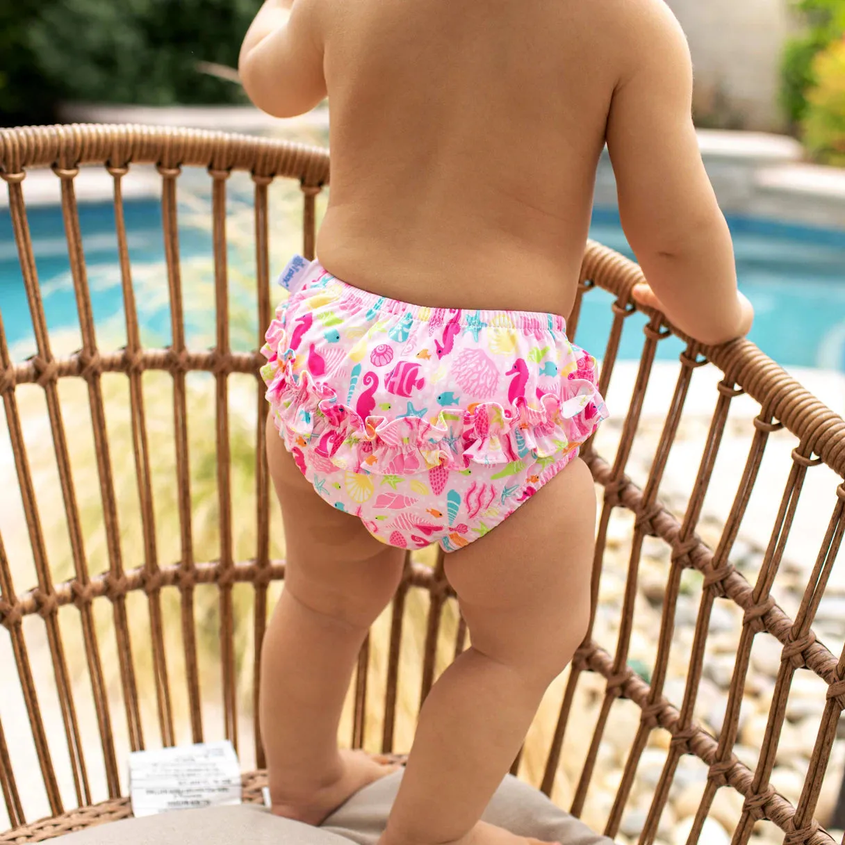 I Play Ruffle Snap Reusable Absorbent Swimsuit Diaper - Pink Sea Life