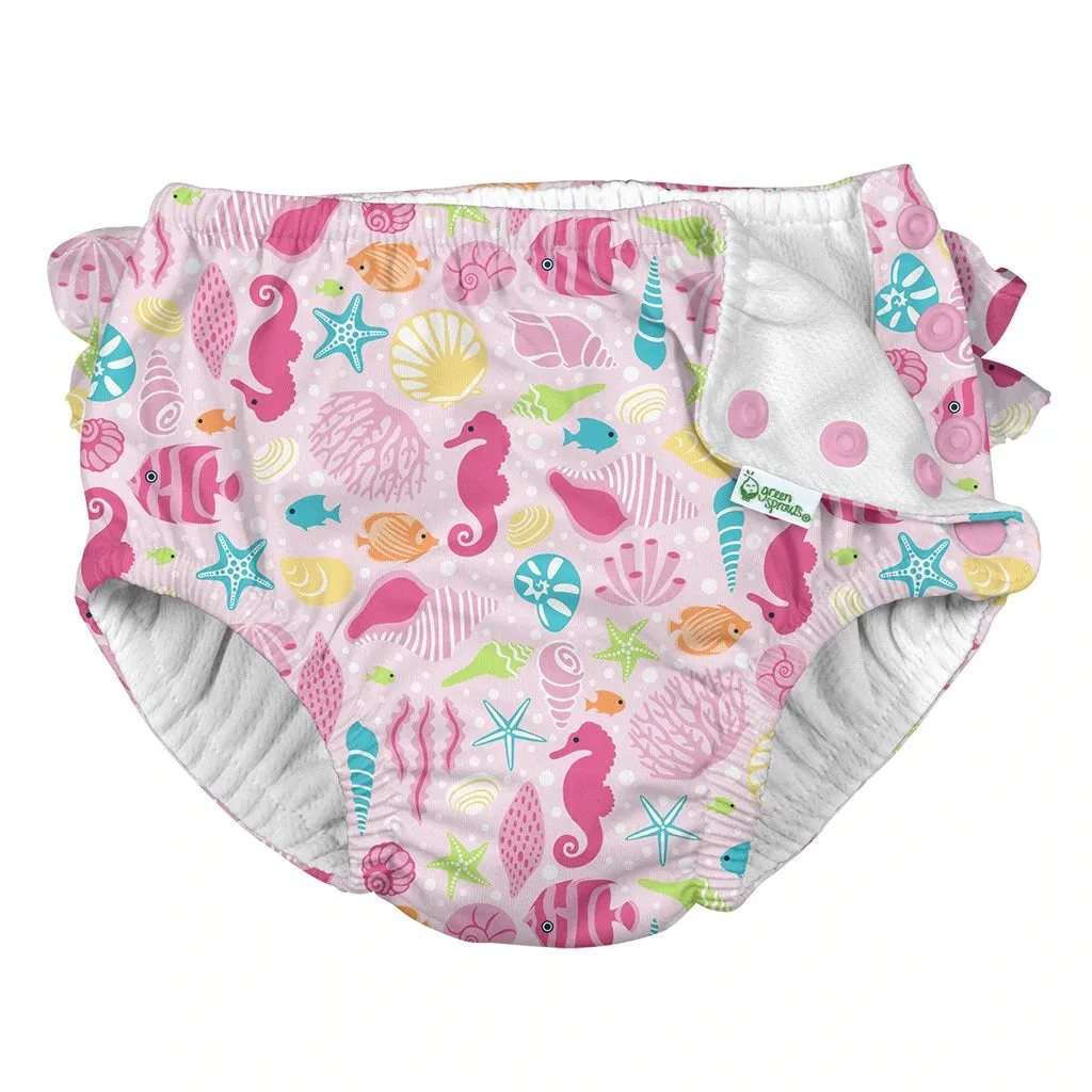 I Play Ruffle Snap Reusable Absorbent Swimsuit Diaper - Pink Sea Life