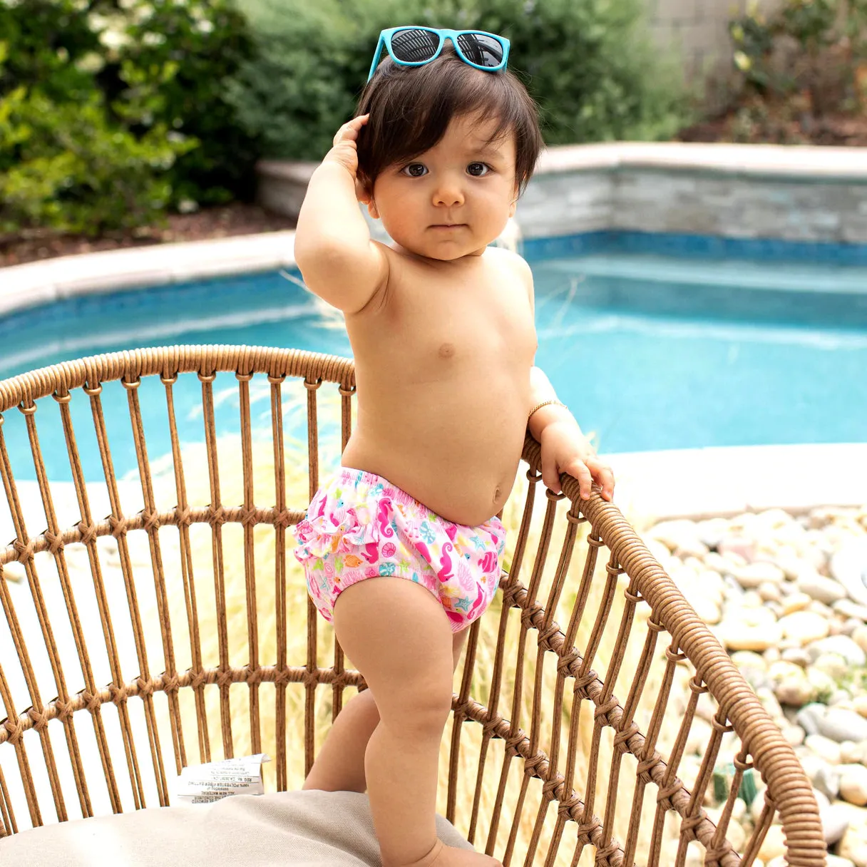 I Play Ruffle Snap Reusable Absorbent Swimsuit Diaper - Pink Sea Life