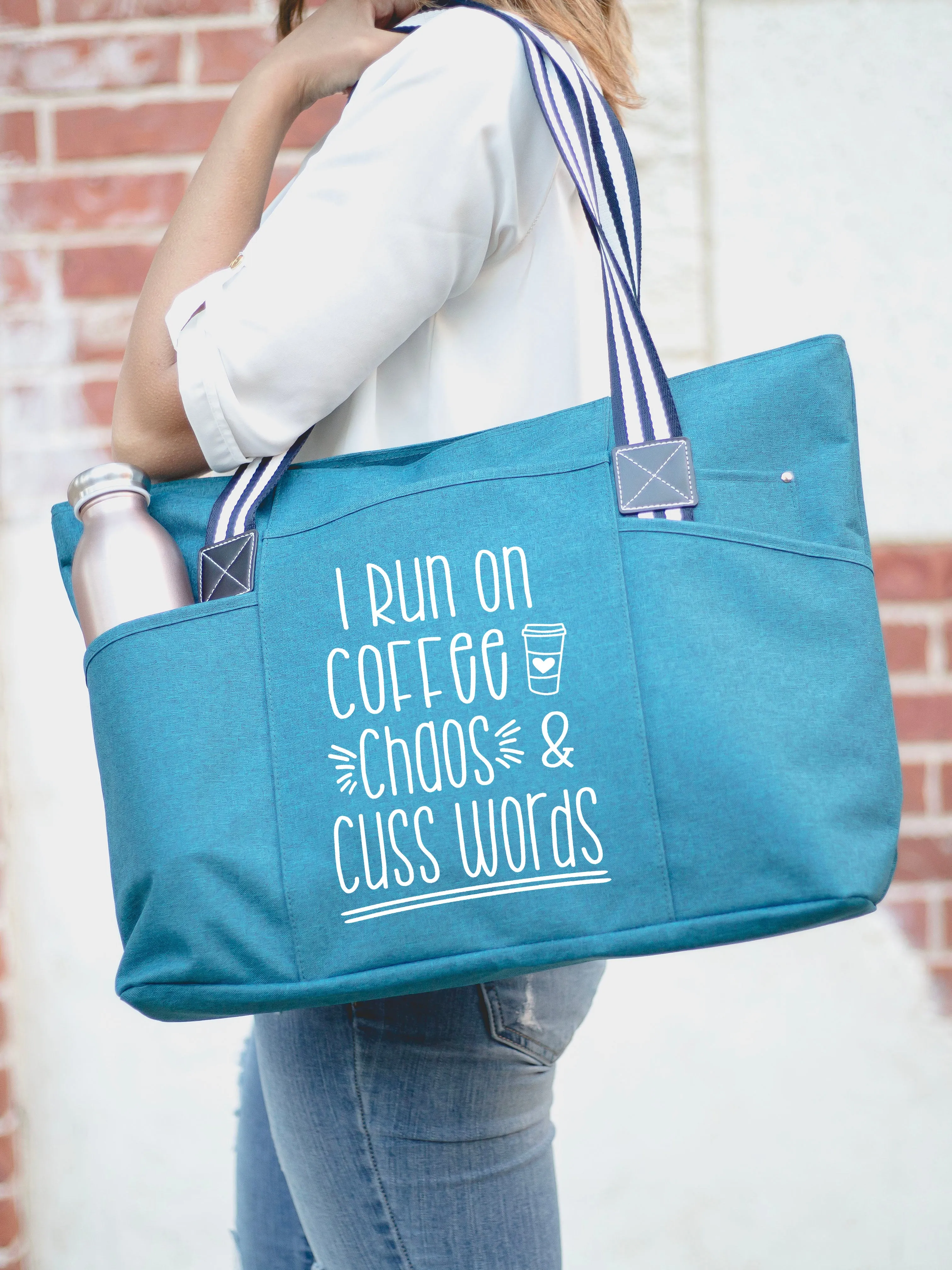 I Run on Coffee Chaos and Cuss Words Tessa Teal Tote Bag for Bosses