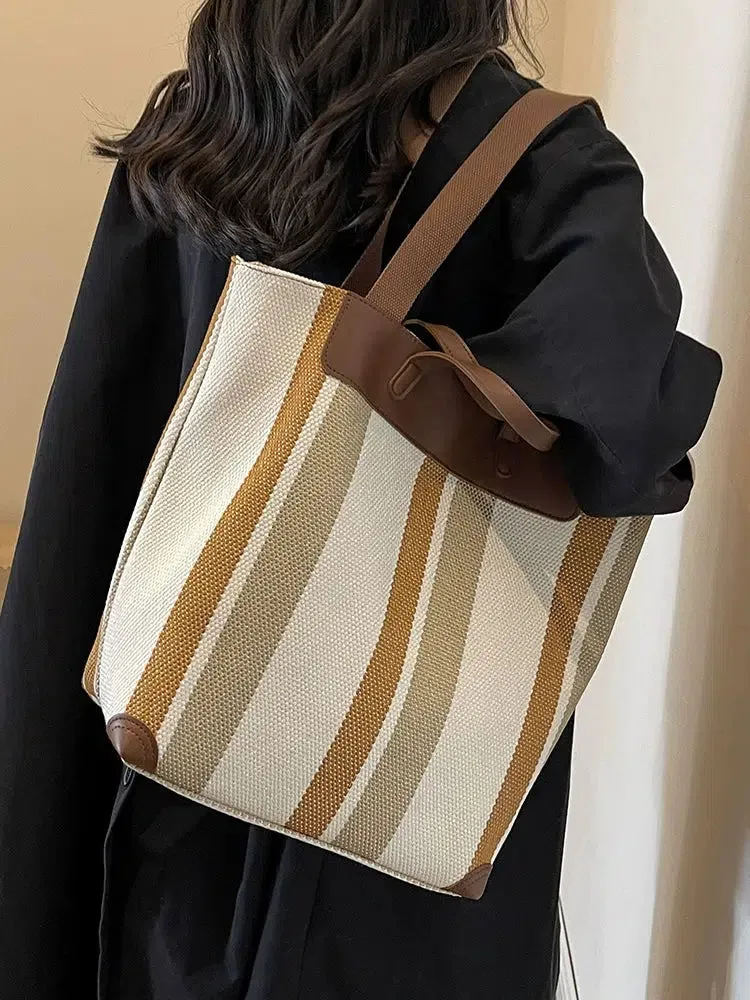 Leather Accents Striped Canvas Tote Bag