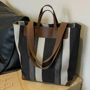 Leather Accents Striped Canvas Tote Bag