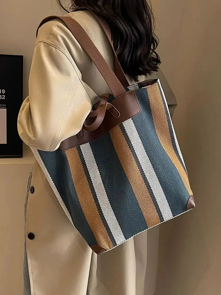Leather Accents Striped Canvas Tote Bag