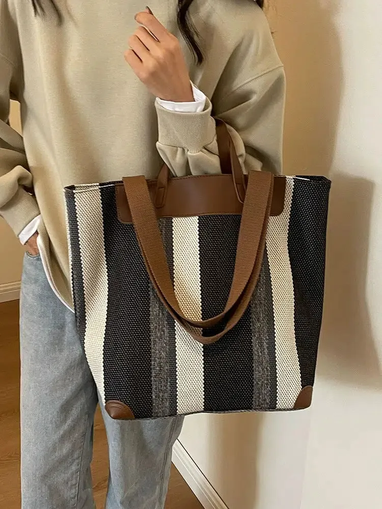 Leather Accents Striped Canvas Tote Bag