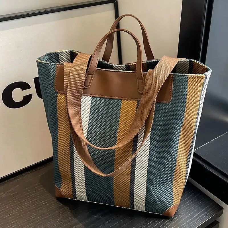 Leather Accents Striped Canvas Tote Bag