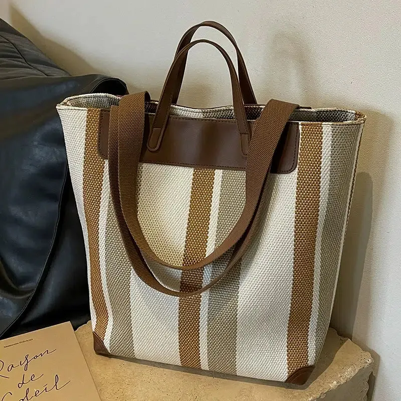 Leather Accents Striped Canvas Tote Bag