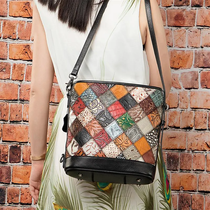 Leather Multi-Color Ethnic Style Patchwork Design Shoulder Bag Crossbody Bag